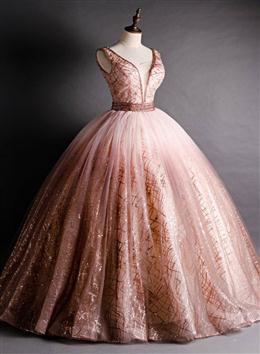 Picture of Gorgeous Pink V-neckline Beaded Ball Gown Formal Dress, Pink Sweet 16 Dress